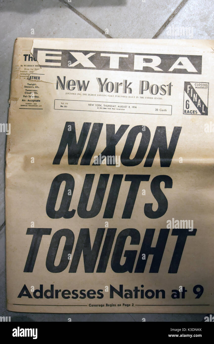 In its issue of Aug. 8, 1974, the New York Post announced that Richard Nixon would resign from the U.S. presidency that evening. Stock Photo