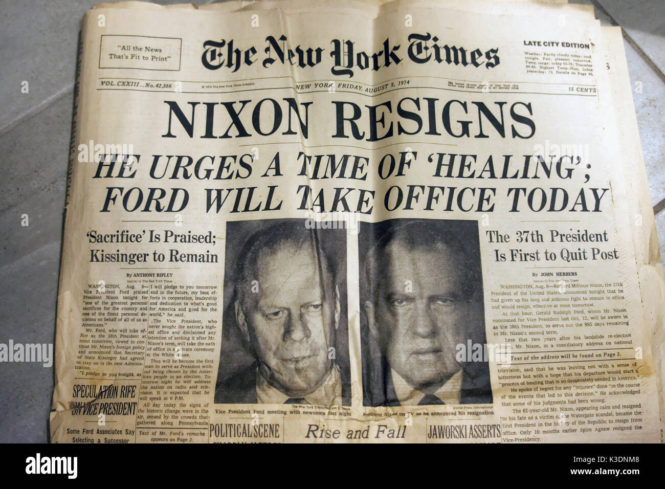 The headline on The New York Times issue of Aug. 9, 1974 said “Nixon Resigns.” Stock Photo