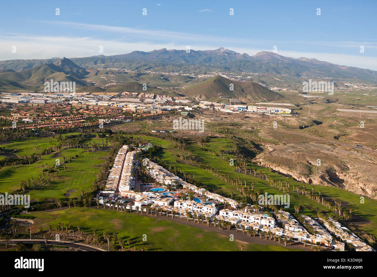 Golf course with batch Christianos, Tenerife, the Canaries, Spain, Stock Photo