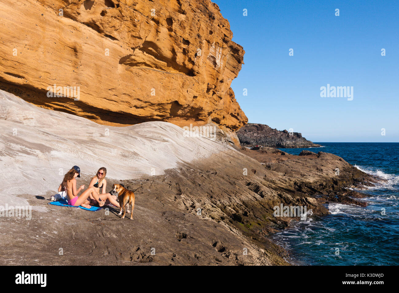 Fossilized dunes with Costa del Silencio, Tenerife, the Canaries, Spain, Stock Photo