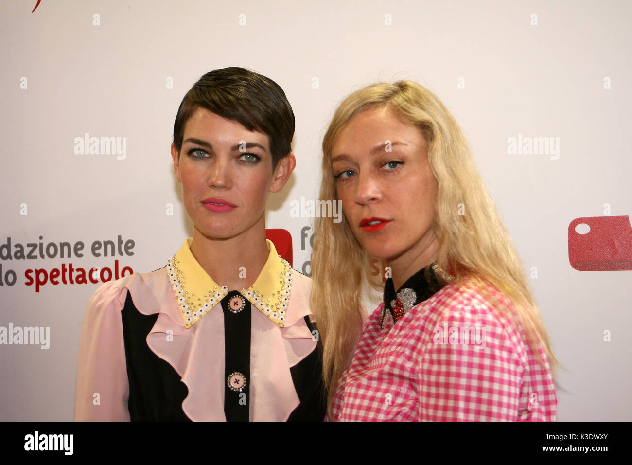 VENICE, ITALY - SEPTEMBER 01: Celia Rowlson-Hall and Chloe Sevigny attend the 'Miu Miu Women's Tales #1' photocall during the 74th Venice Film Festiva Stock Photo