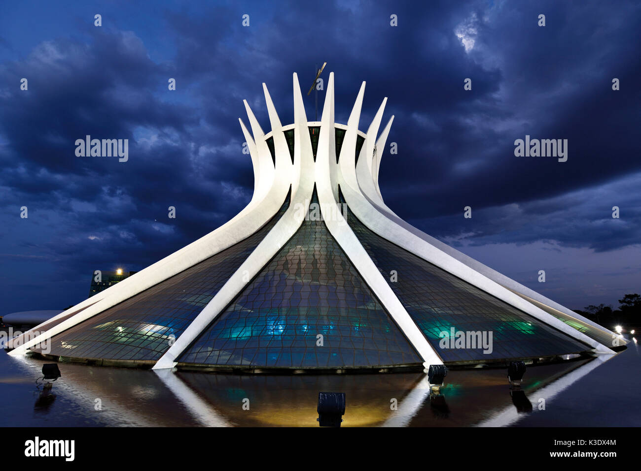 Brazil, Brazil, At night illuminated cathedral Metropolitana Nossa Senhora Aparecida of Oscar Niemeyer, Stock Photo