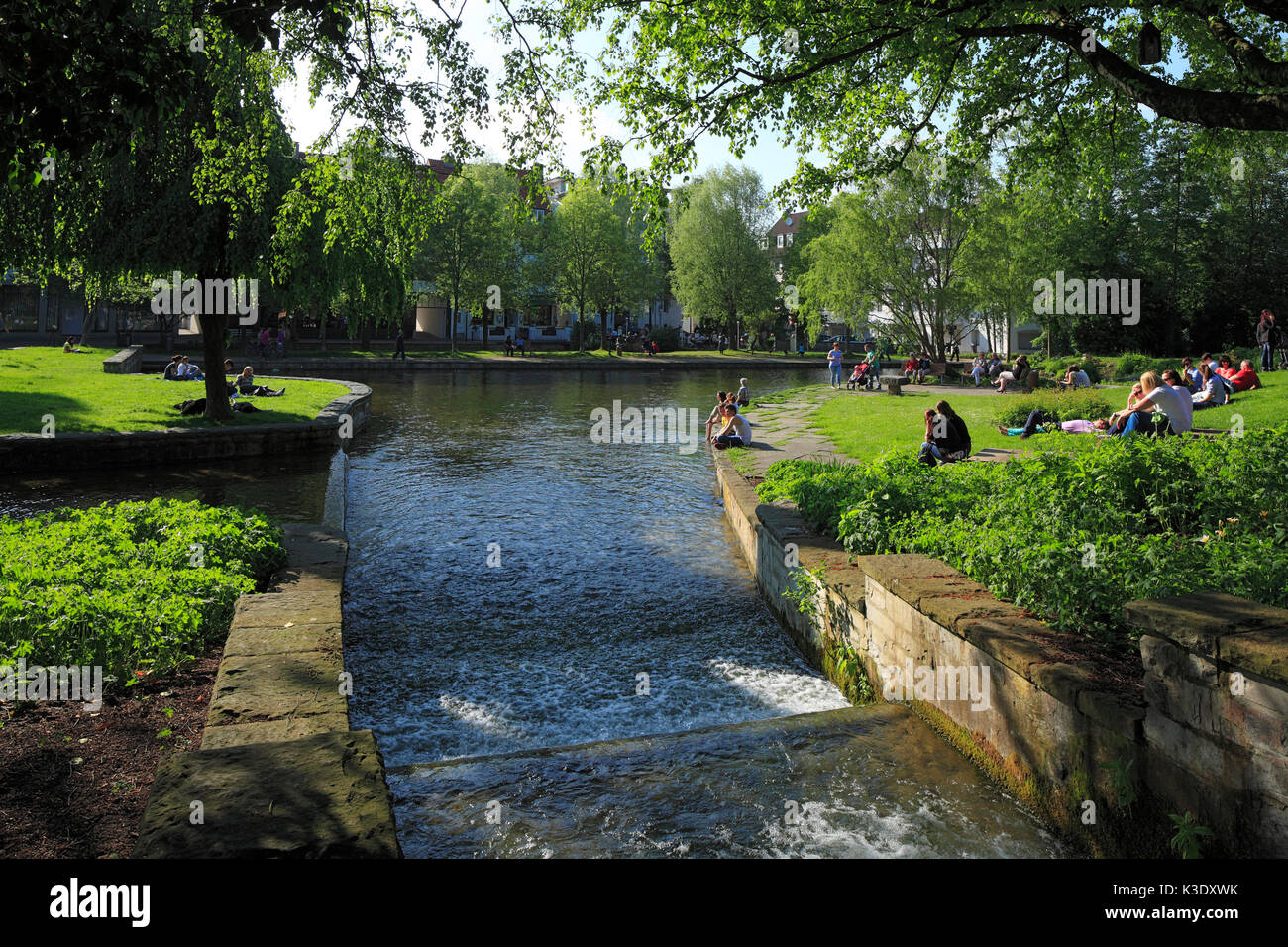 Paderquellen, people are relaxing in the Paderquellgebiet of Paderborn, Ostwestfalen-Lippe, North Rhine-Westphalia, Stock Photo