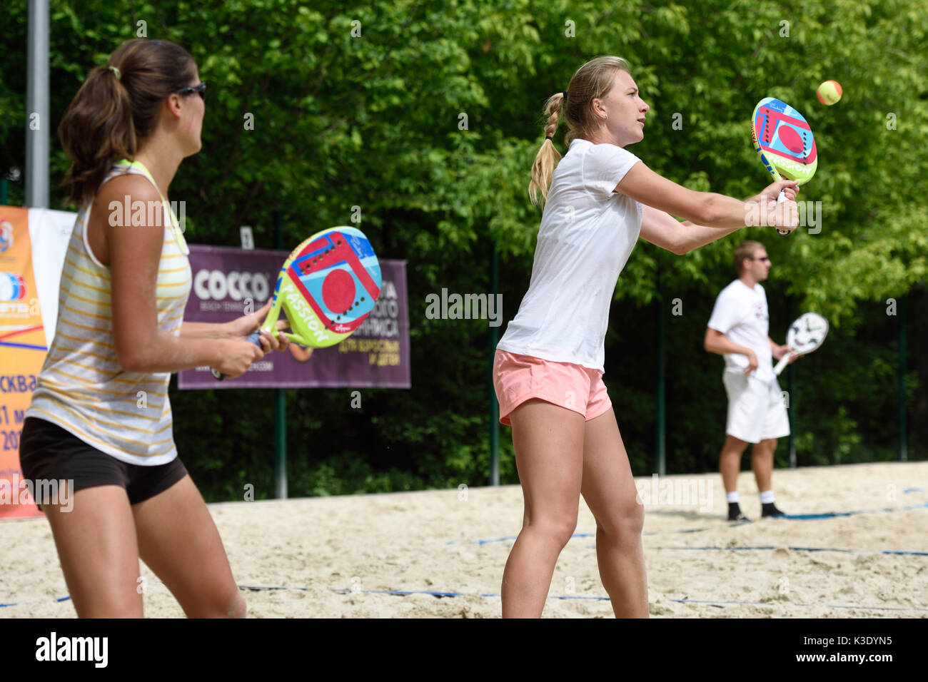 Moscow, Russia - May 30, 2015: Yulia Chubarova (left) and Irina Glimakova in the match of Russian beach tennis championship. 120 adults and 28 young a Stock Photo