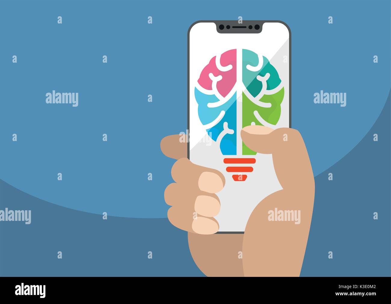 Symbol combining light bulb and brain displayed on frameless touchscreen. Hand holding modern bezel free smartphone. Concept for ideation, innovation Stock Vector
