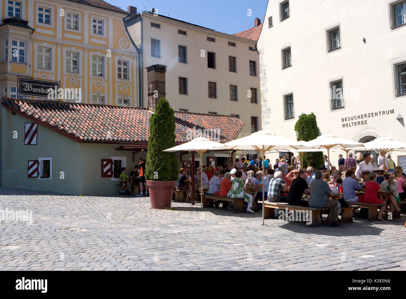 Regensburg, historical sausage cuisine, visitor centre world heritage, tourists, Stock Photo