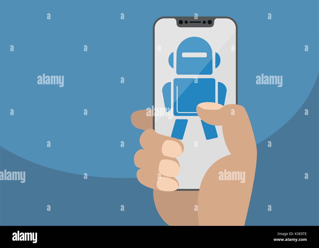 Hand holding modern bezel free smartphone. Robot icon displayed on touchscreen as concept for automation or digitalization in a mobile world. Illustra Stock Vector