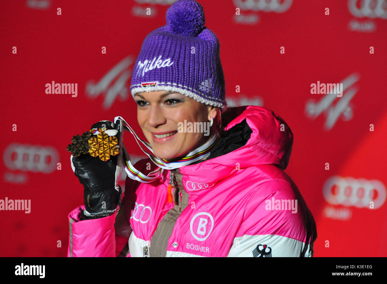 Ã–sterreich, Steiermark, Schladming, Skiweltmeisterschaft, SkirennlÃ¤uferin, Maria HÃ¶fl-Riesch, Siegerehrung, Stock Photo