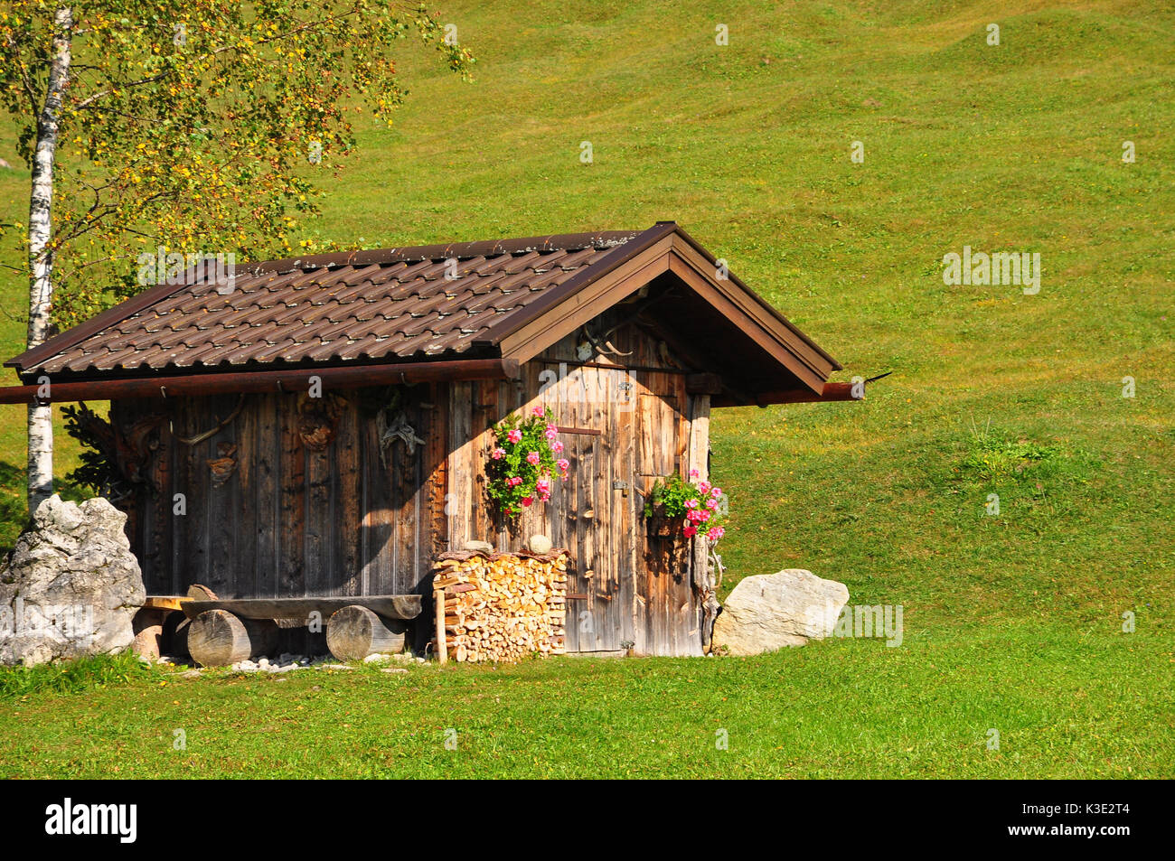 Deutschland, Bayern, Isartal, Buckelwiesen, Holzhütte, Stock Photo