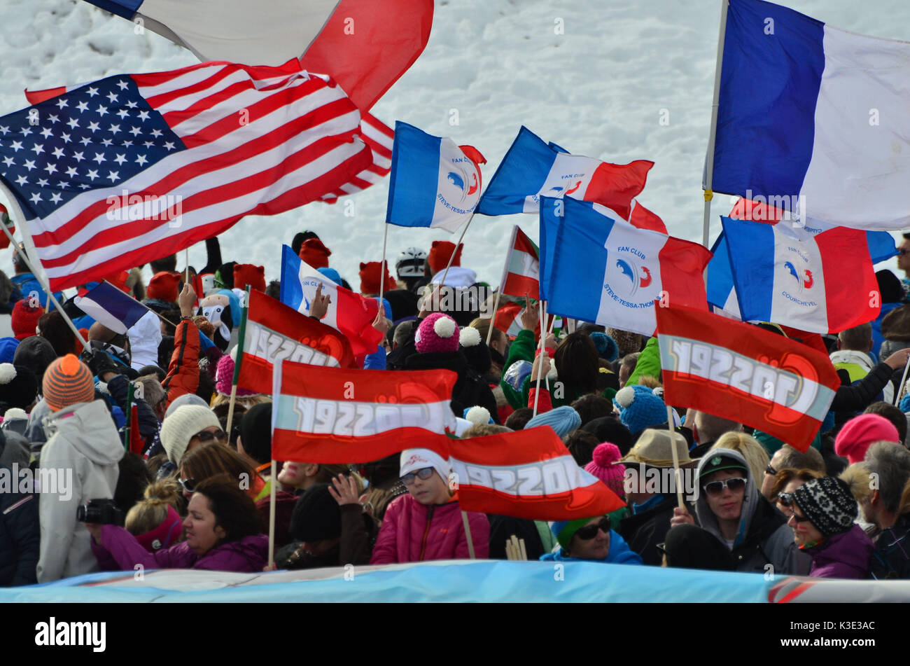 Skiing, ski race, ski world cup, supporters' club, flags, Stock Photo