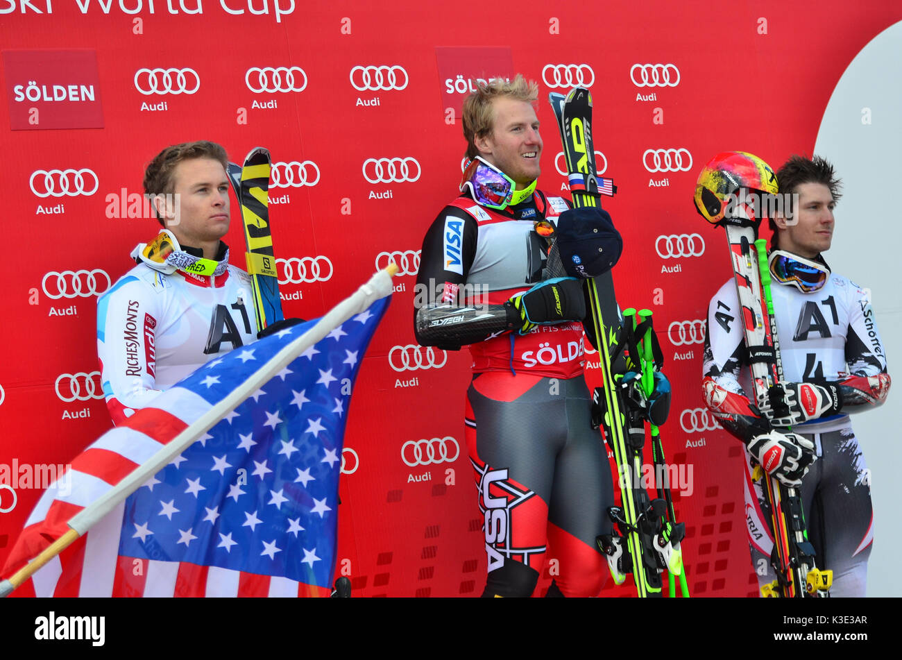 Skiing, ski race, ski world cup, ski racer, winner's photo, winner's stage, Ligety, Pinturault, Hirscher, Stock Photo