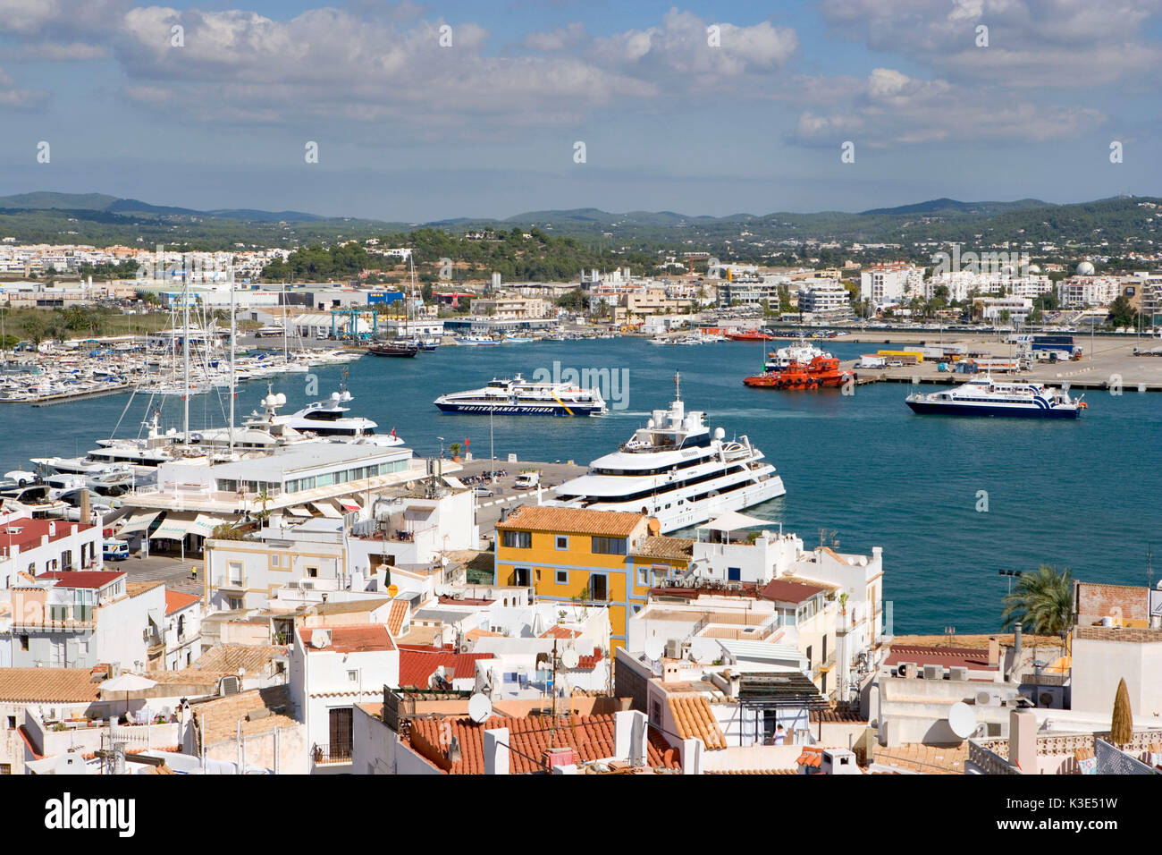 Eivissa, capital of Ibiza, view over the roofs of the Old Town, the harbour and the backcountry Stock Photo