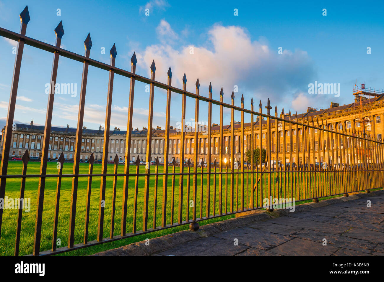 Royal Crescent Bath, view through iron railings of the Royal Crescent