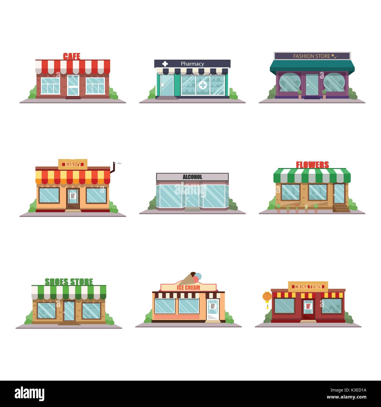 Set of vector flat design  shops facade icons. Cafe, pharmacy, fashion store, bakery, alcohol, flowers, shoes store, ice cream and china town Stock Vector