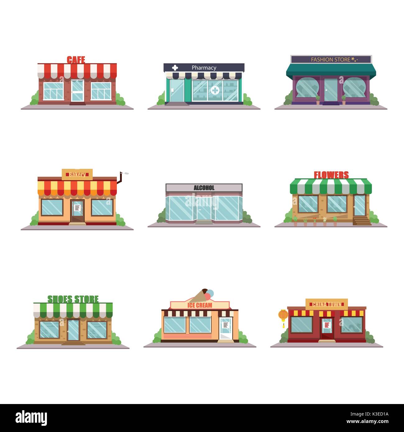 Set of vector flat design shops facade icons. Cafe, pharmacy, fashion ...