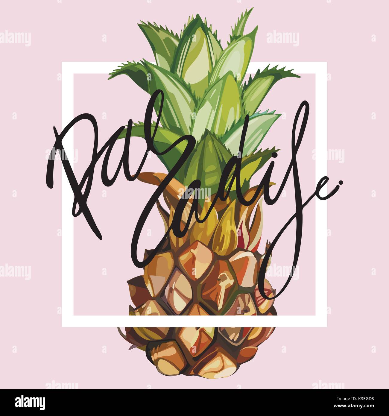 Lettering phrase - Paradise. Pineapple with tropical leaves.Element for design of invitations, movie posters, fabrics and other objects. Geometry set. Vector EPS 10 Stock Vector