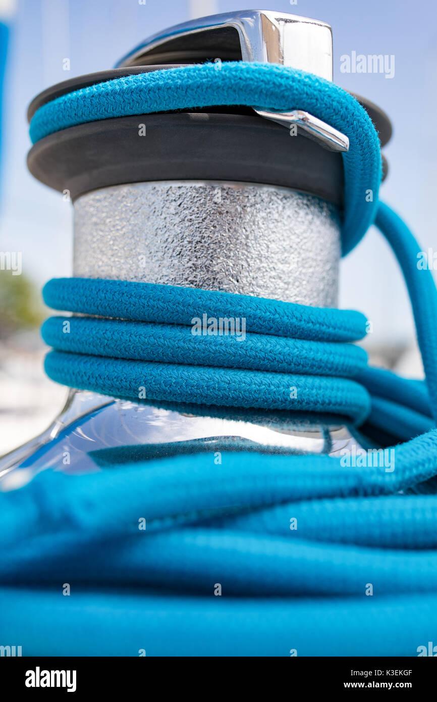 Halyards, ropes, sheets, capstans, cleat blocks, pulleys, sail boat