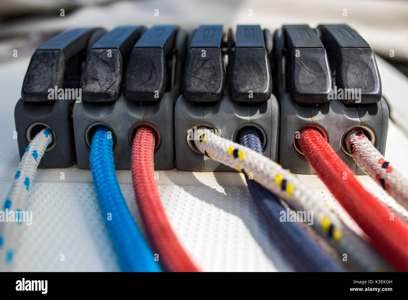 Halyards, ropes, sheets, capstans, cleat blocks, pulleys, sail boat