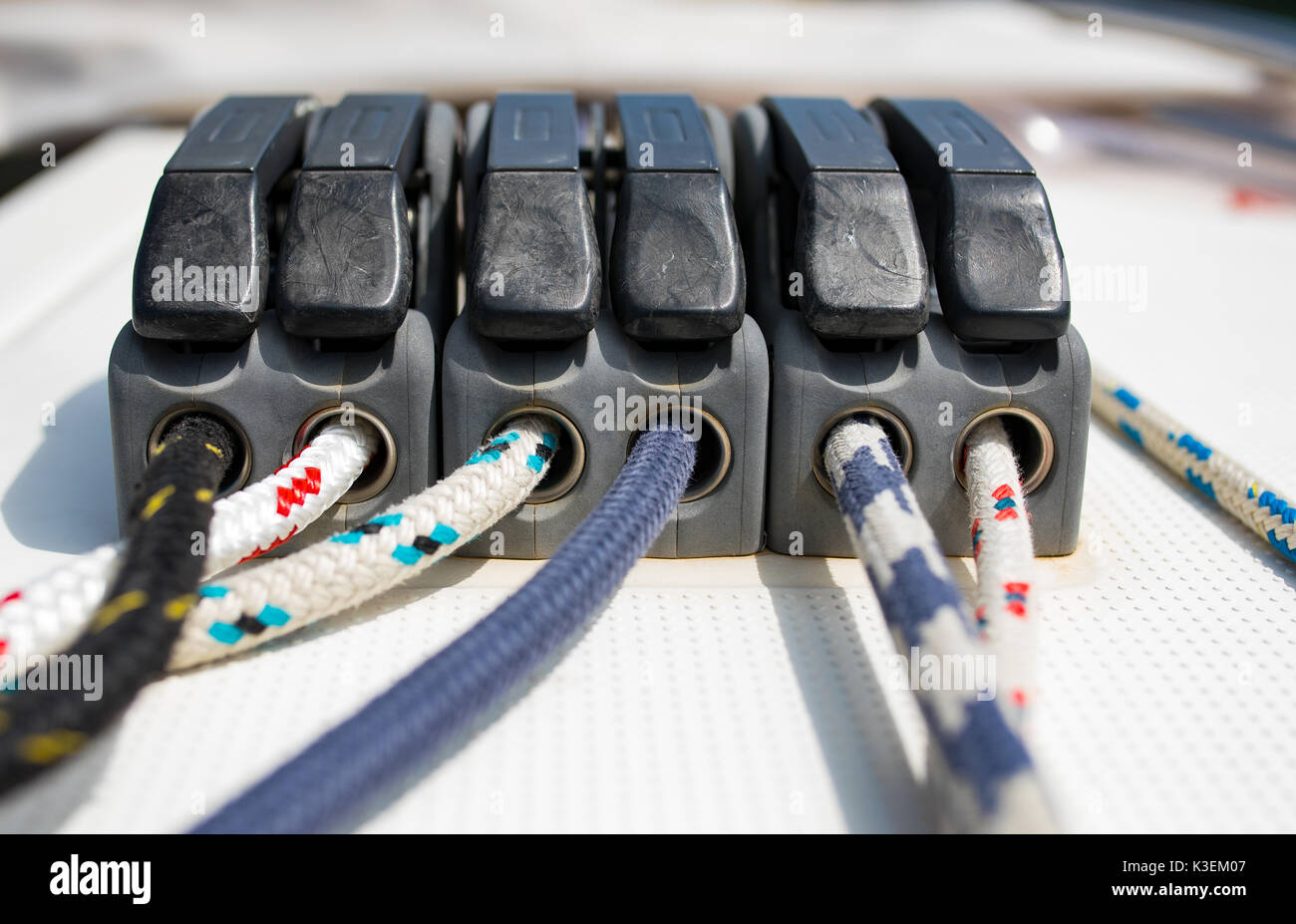 Halyards, ropes, sheets, capstans, cleat blocks, pulleys, sail boat