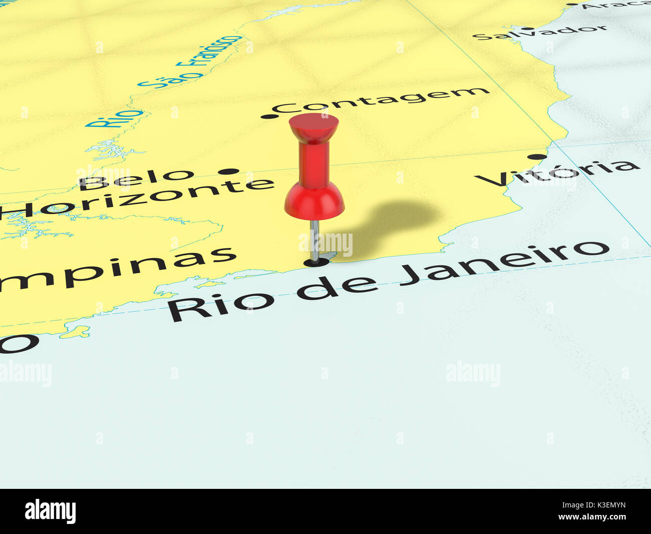 Pushpin on Rio de Janeiro map background. 3d illustration Stock Photo ...