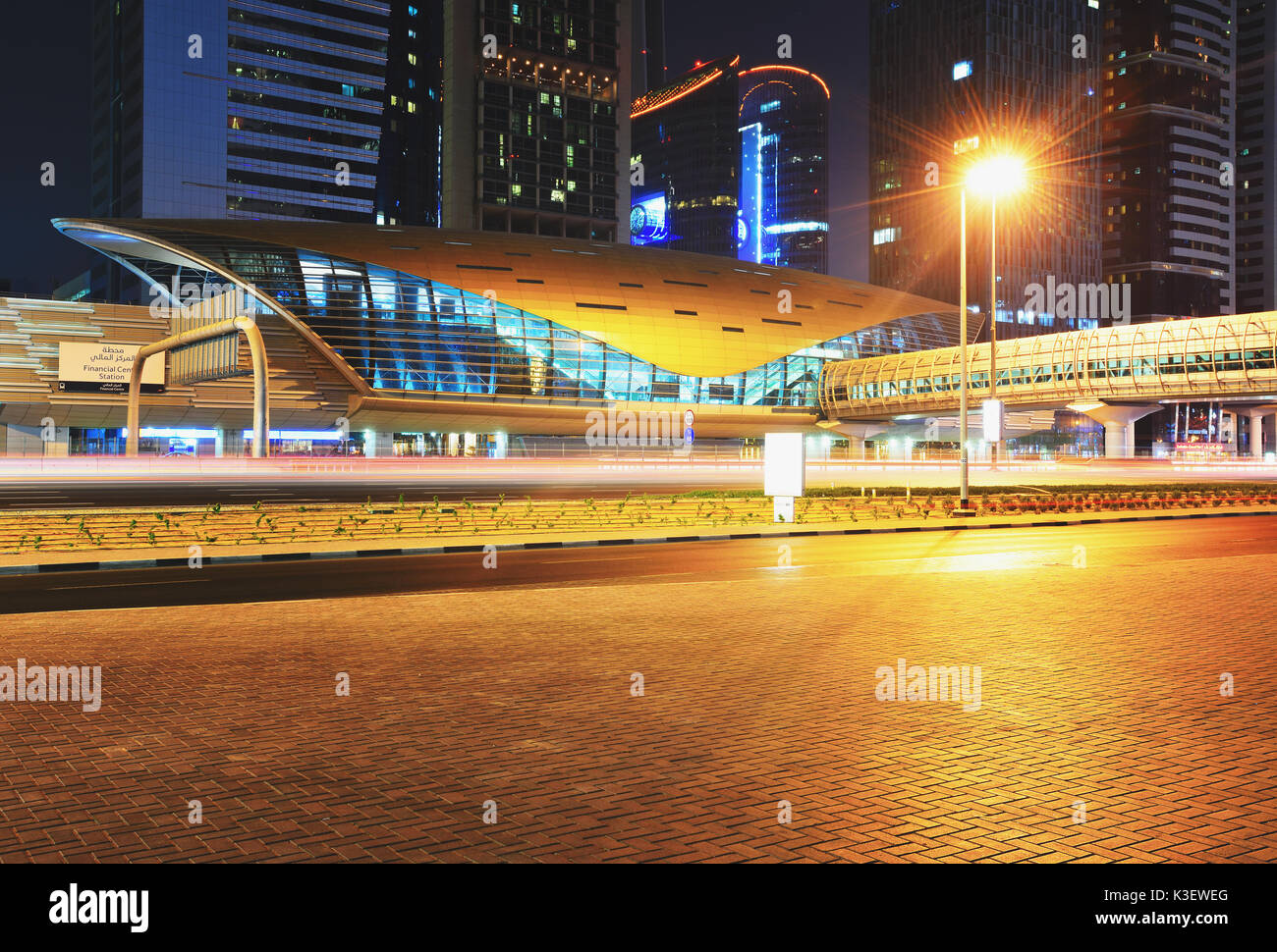 Dubai metro rail station on Sheikh Zayed Road at night Stock Photo