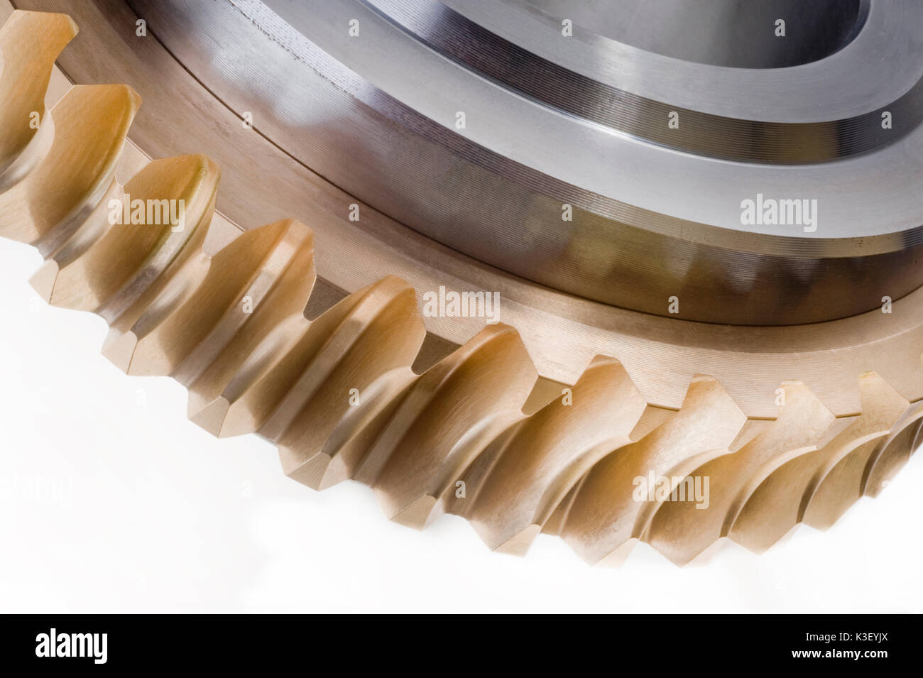 Detail of a helical gear wheel, manufactured as a component of a gear train for heavy-duty elelctric motors and industrial applications. Stock Photo