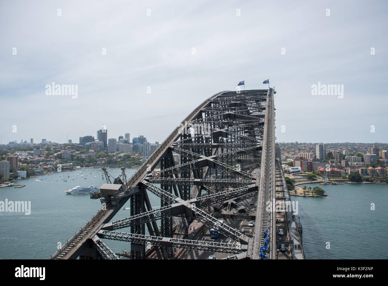 SYDNEY,NSW,AUSTRALIA-NOVEMBER 20,2016: Cruise boat, waterfront architecture and climbers on Sydney Harbour Bridge in Sydney, Australia. Stock Photo