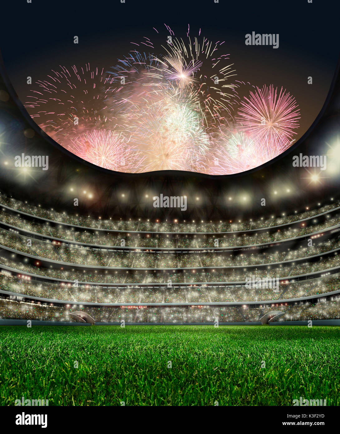 Football stadium, turf, illuminated, grand stand, fireworks Stock Photo