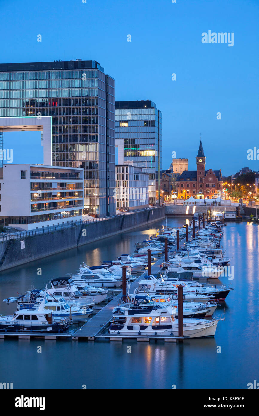 Yacht harbour of the Rheinauhafen (Rheinau harbour), on the left the