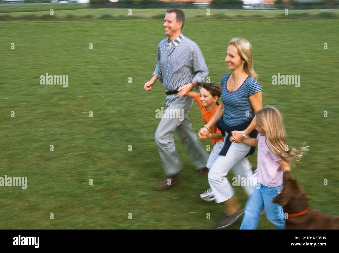 Young family runs hand in hand over a meadow Stock Photo