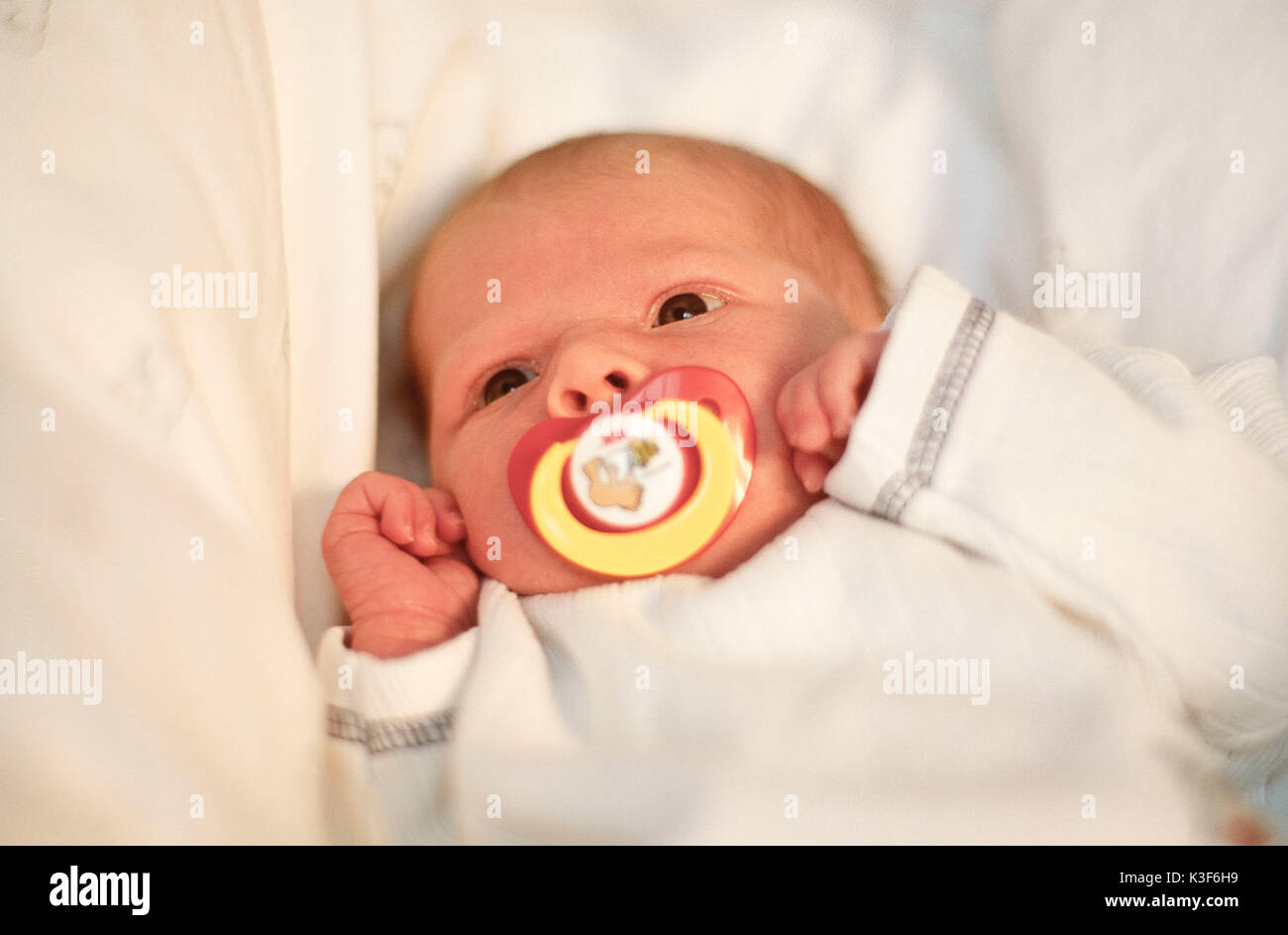 On the back lying baby with dummy in the mouth Stock Photo Alamy
