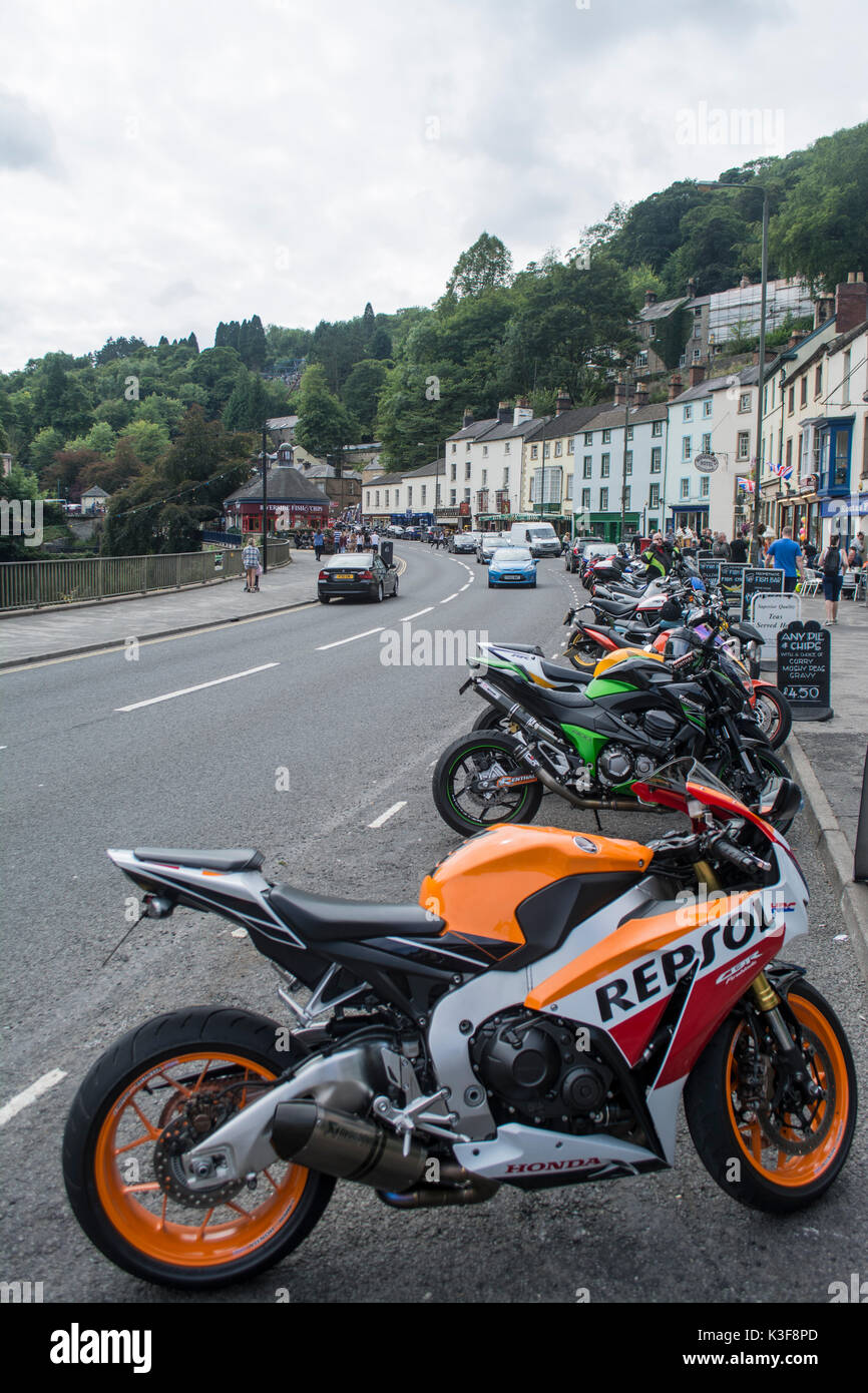 Motorcycles parked on North Parade in Matlock Bath in Derbyshire UK