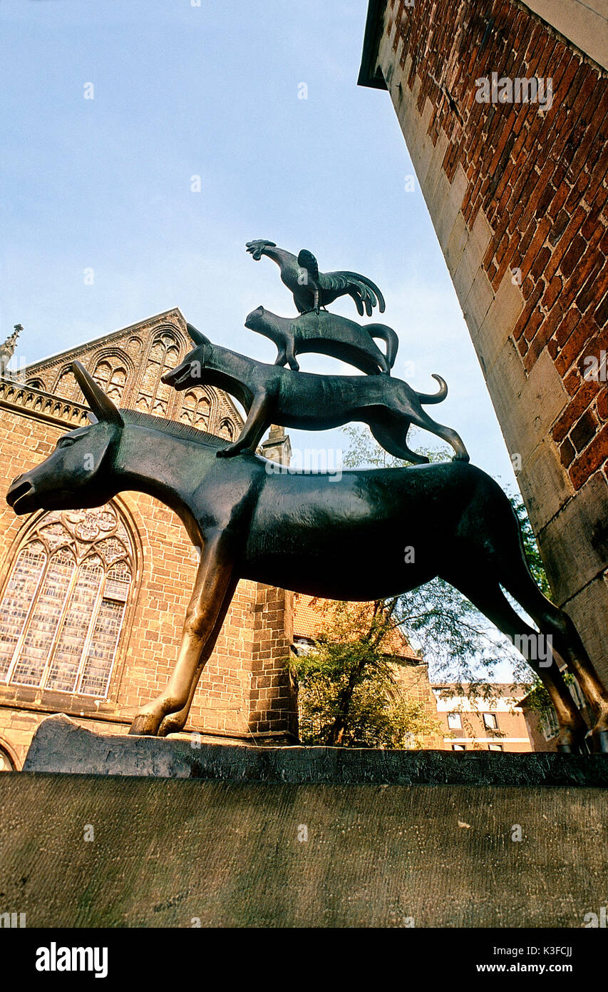 Sculpture group of the Bremen Town Musicians of Gerhard Marcks on the marketplace in Bremen, the Weser, free Hanseatic town Bremen Stock Photo