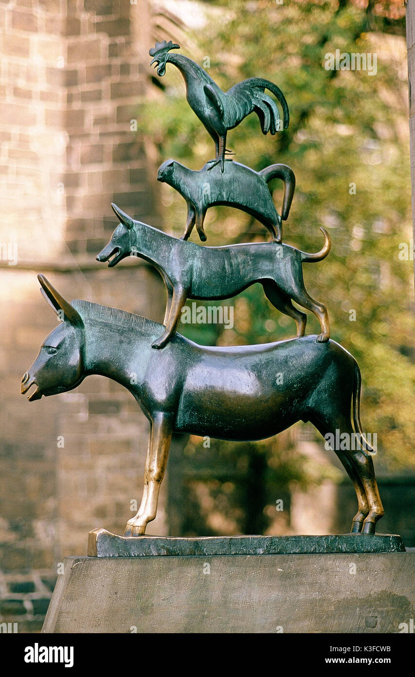 Sculpture group of the Bremen Town Musicians of Gerhard Marcks on the marketplace in Bremen, the Weser, free Hanseatic town Bremen Stock Photo