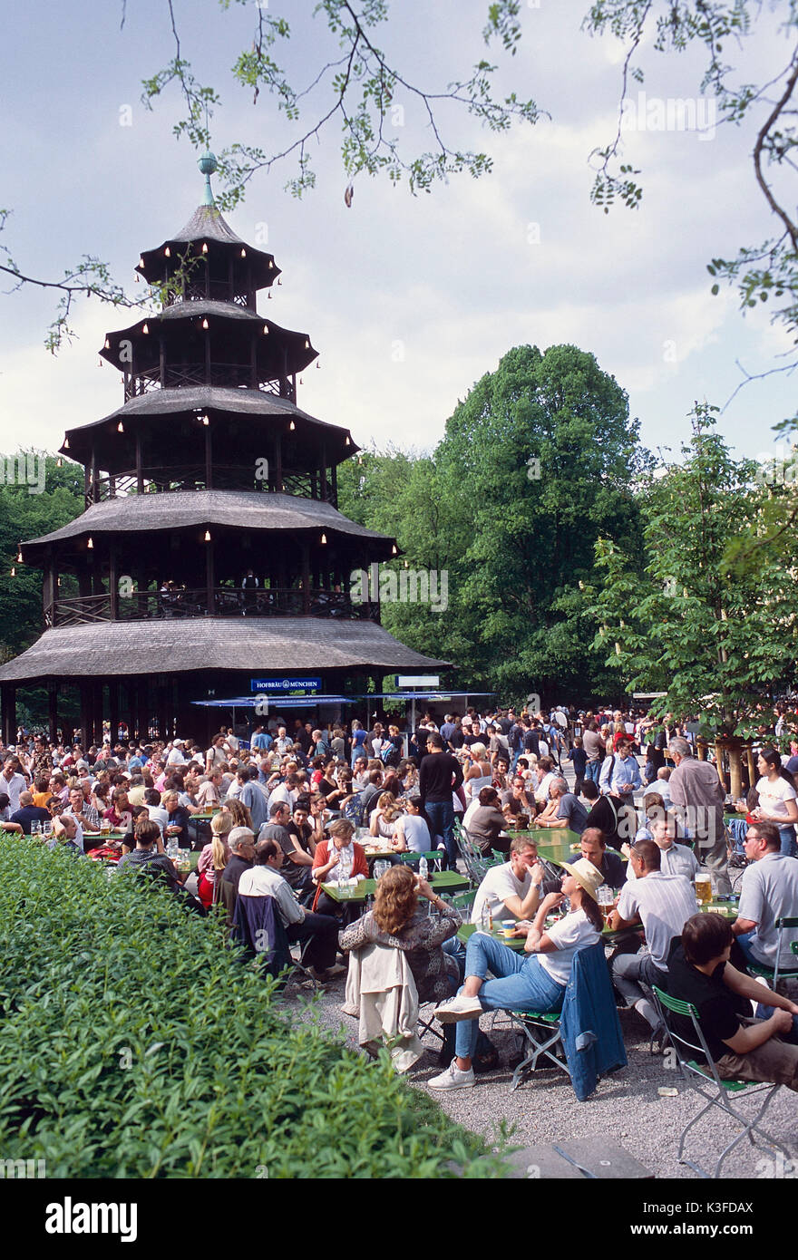 Beer garden at the Chinese tower, Munich Stock Photo