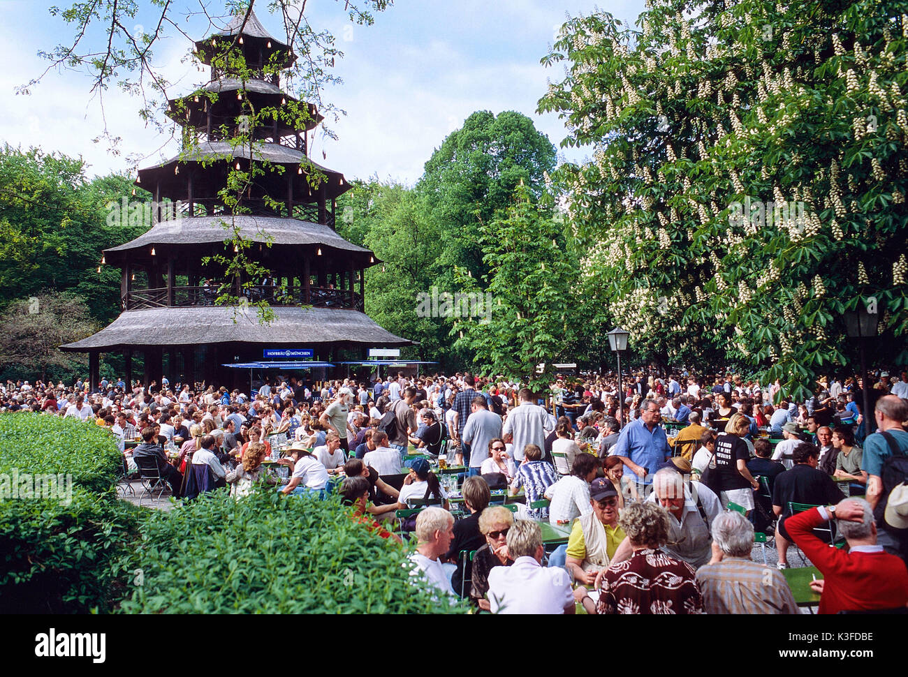 Beer garden at the Chinese tower, Munich Stock Photo