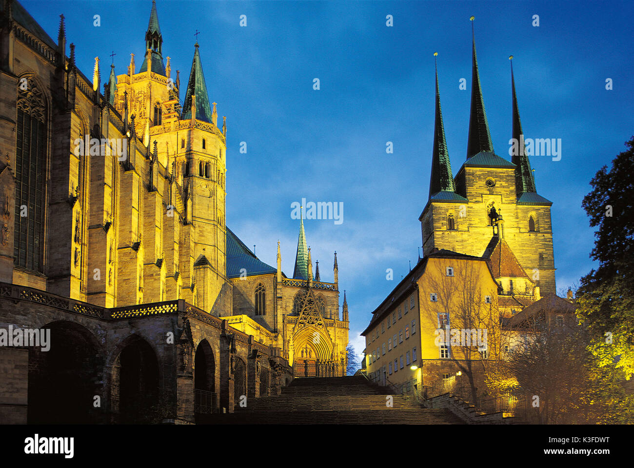 Cathedral and Severikirche in Erfurt, illuminated Stock Photo