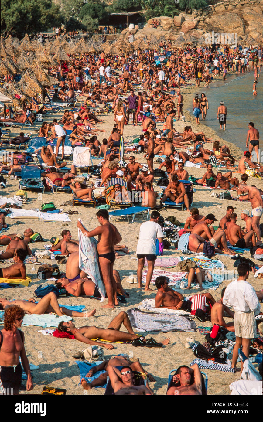 Congested holiday beach, Mykonos, Greece Stock Photo