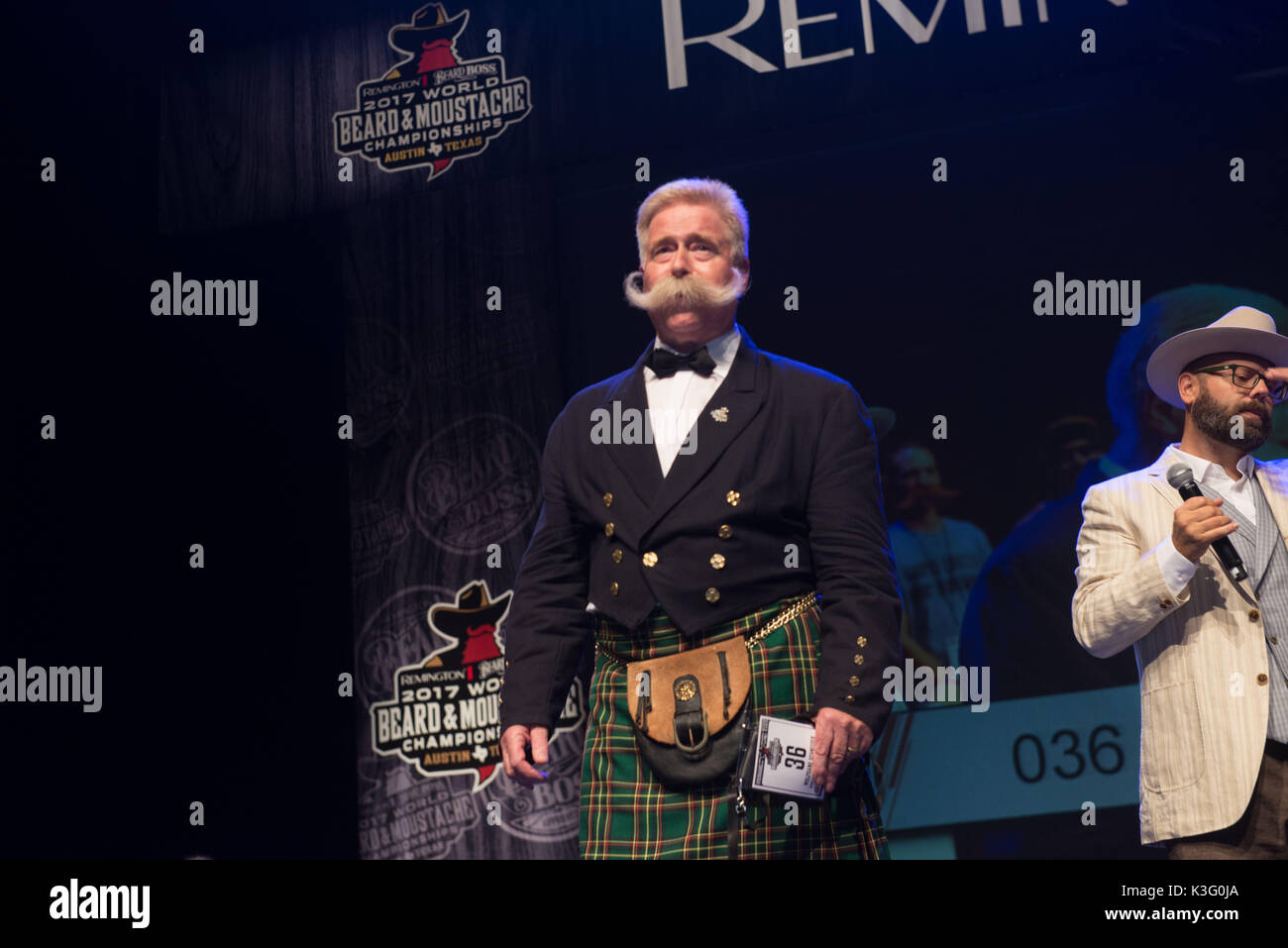 Austin, Texas, USA. 1st September, 2017. WOLFGANG SCHNEIDER poses for after winning the 2017 World Beard and Mustache Championships natural moustache catagory in Austin, Texas. More than a thousand competitiors and beard enthusiasts travelled to the event from all over for the world. 1st Sep, 2017. Credit: Sandy Carson/ZUMA Wire/Alamy Live News Stock Photo