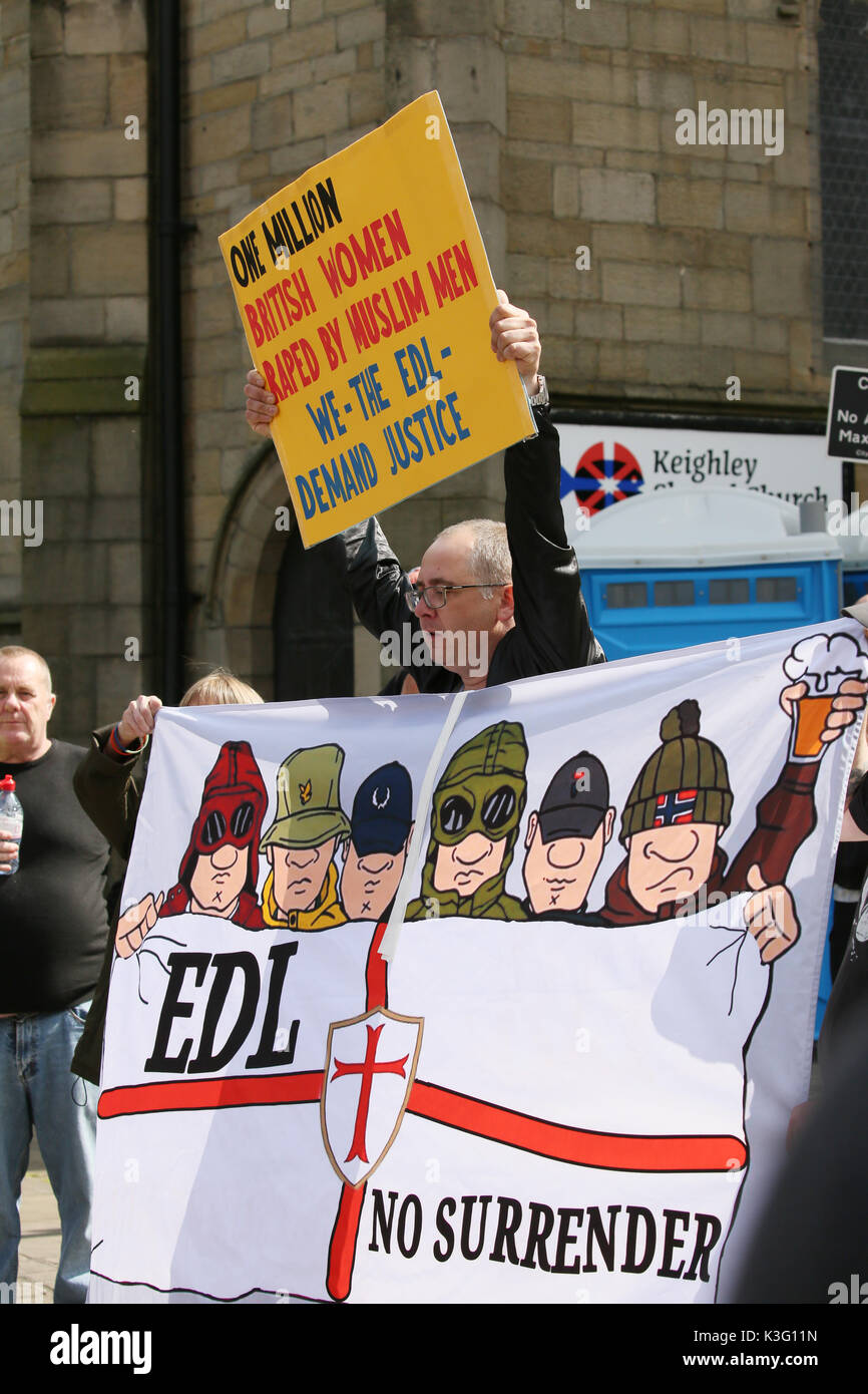 Keighley, UK. 2nd September, 2017. A member of the EDL holding up a