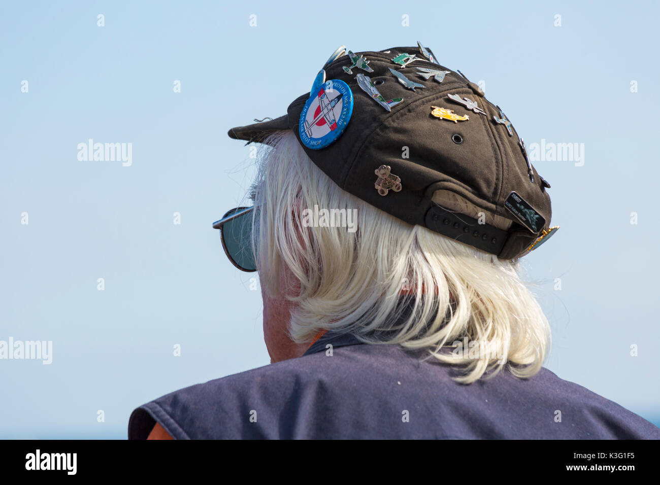 Bournemouth, UK. 2nd Sep, 2017. The third day of the tenth anniversary of the Bournemouth Air Festival with over 500,000 expected today with warm sunny weather. Plane enthusiast! Enamel badges of various planes and aircrafts on hat. Credit: Carolyn Jenkins/Alamy Live News Stock Photo