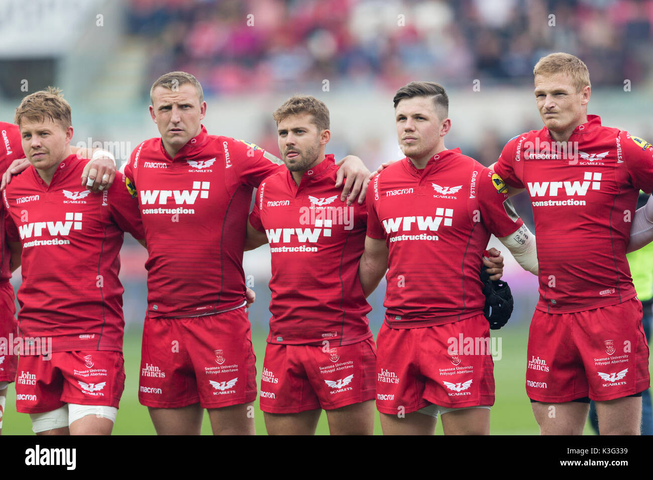 Scarlets players (L to R) James Davies, Hadleigh Parkes, Leigh Halfpenny, Steffan Evans and Johnny McNicholl before a Pro14 rugby match at Parc y Scarlets Stock Photo