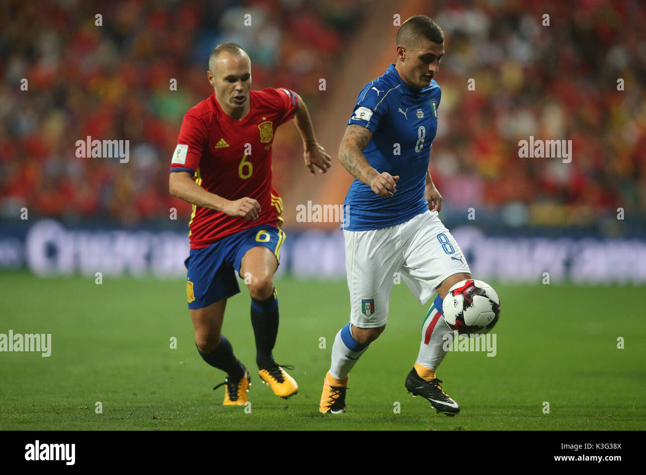Madrid, Spain. 2nd September, 2017. World Cup qualifiers Russia 2018. Group G. Match between Spain vs Italy. Veratti and Iniesta in action during the match. Credit: Independent Photo Agency Srl/Alamy Live News Stock Photo
