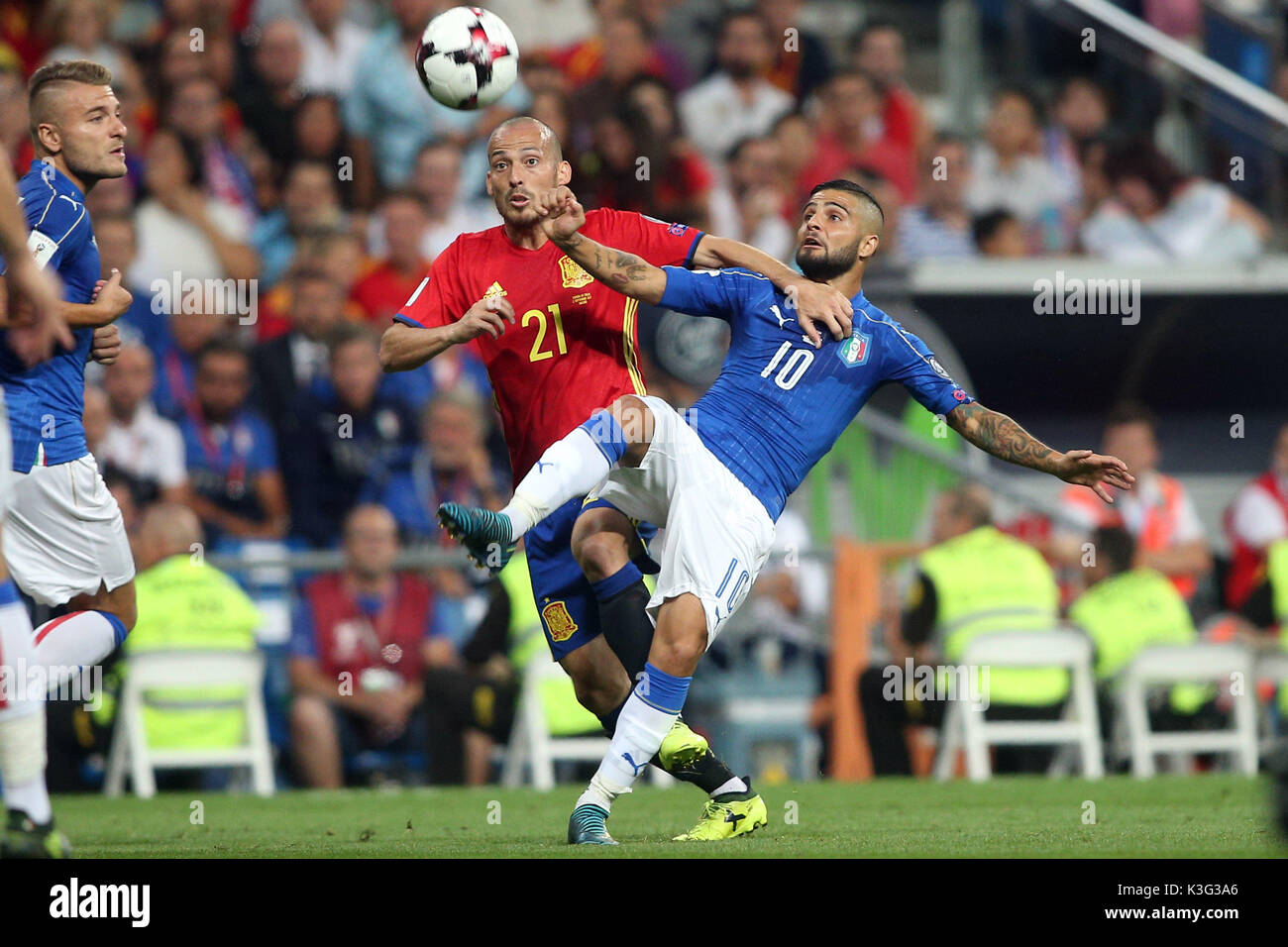 Madrid, Spain. 2nd September, 2017. World Cup qualifiers Russia 2018. Group G. Match between Spain vs Italy. David Silva and Insigne in action during the match. Credit: Independent Photo Agency Srl/Alamy Live News Stock Photo