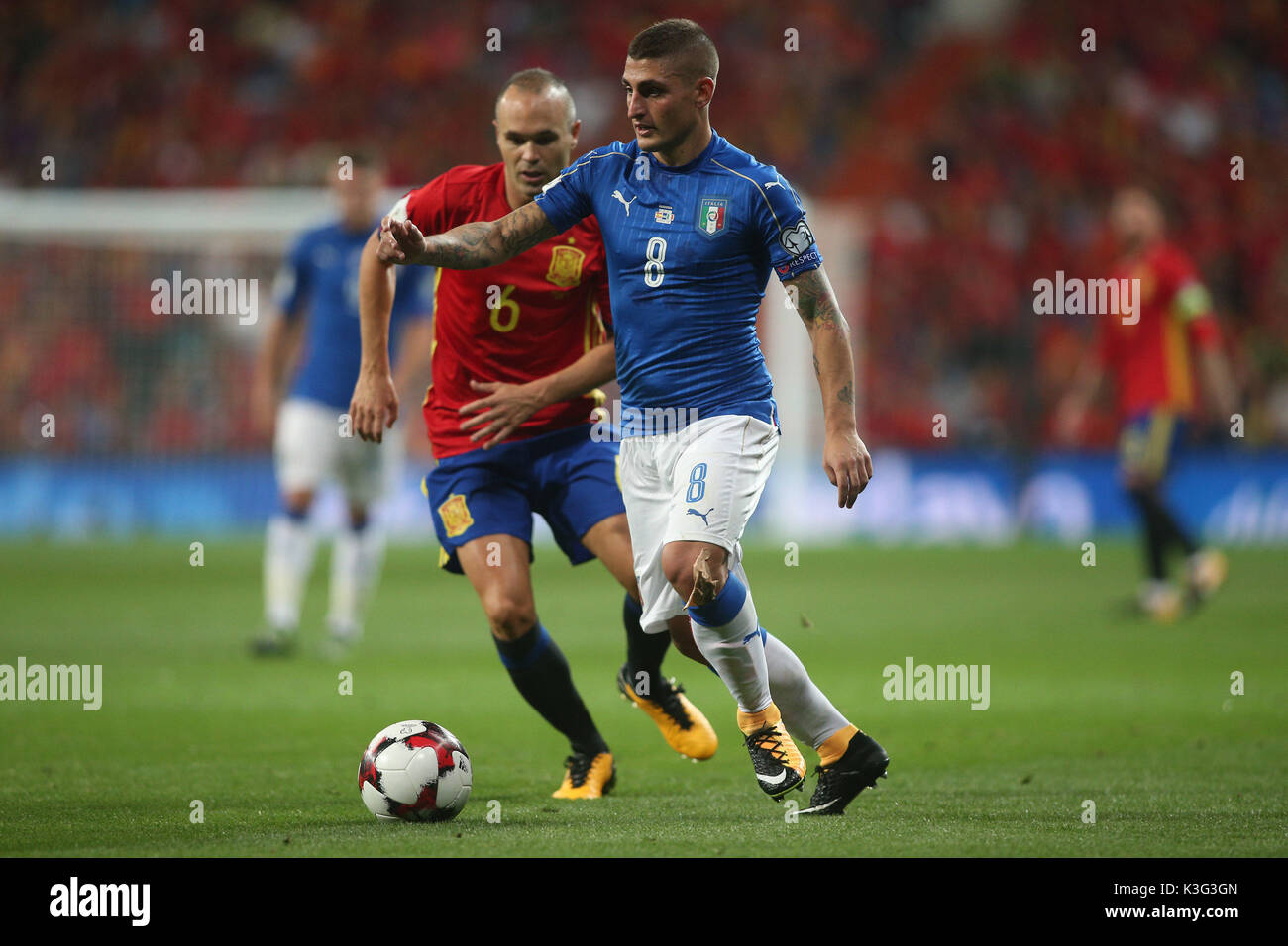 Madrid, Spain. 2nd September, 2017. World Cup qualifiers Russia 2018. Group G. Match between Spain vs Italy. Veratti and Iniesta in action during the match. Credit: Independent Photo Agency Srl/Alamy Live News Stock Photo
