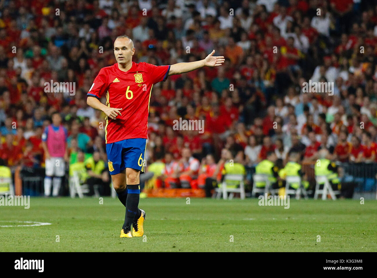 Andres Iniesta (6) Spanish player.  In action during the qualifying match for the 2018 World Cup, Round 7, between Spain vs Italy at the Santiago Bernabeu stadium in Madrid, Spain, September 2, 2017 . Stock Photo