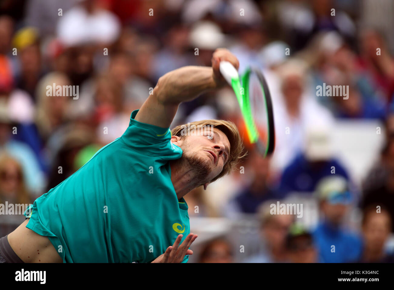 New York, USA. 2nd September, 2017. David Goffin of Belgium serving during his third round match against Gael Monfils of France at the US Open in Flushing Meadows, New York.  Monfils retired with an injury in the second set. Credit: Adam Stoltman/Alamy Live News Stock Photo