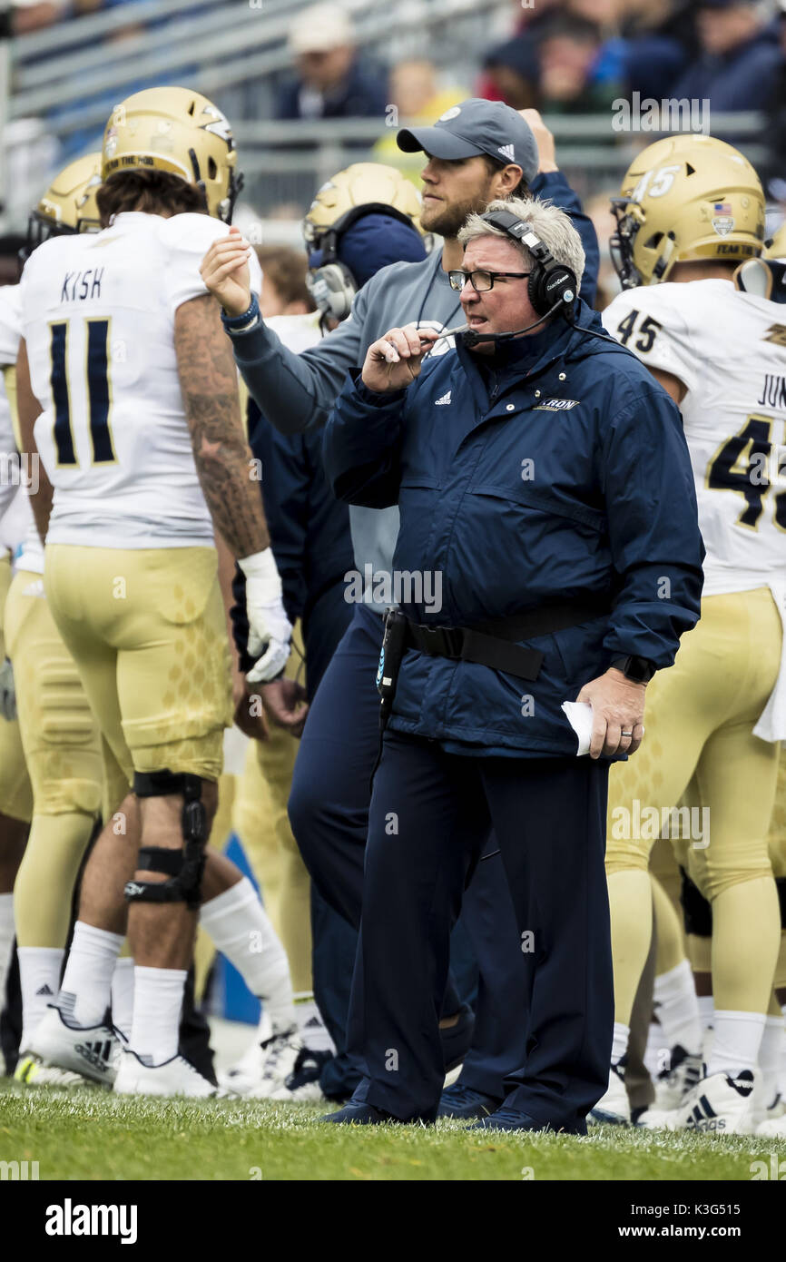University Park, Pennsylvania, USA. 2nd Sep, 2017. September 02, 2017: Akron Zips head coach Terry Bowden looks on during the NCAA football game between Penn State Nittany Lions and Akron Zips at Beaver Stadium in University Park, Pennsylvania. Credit: Scott Taetsch/ZUMA Wire/Alamy Live News Stock Photo