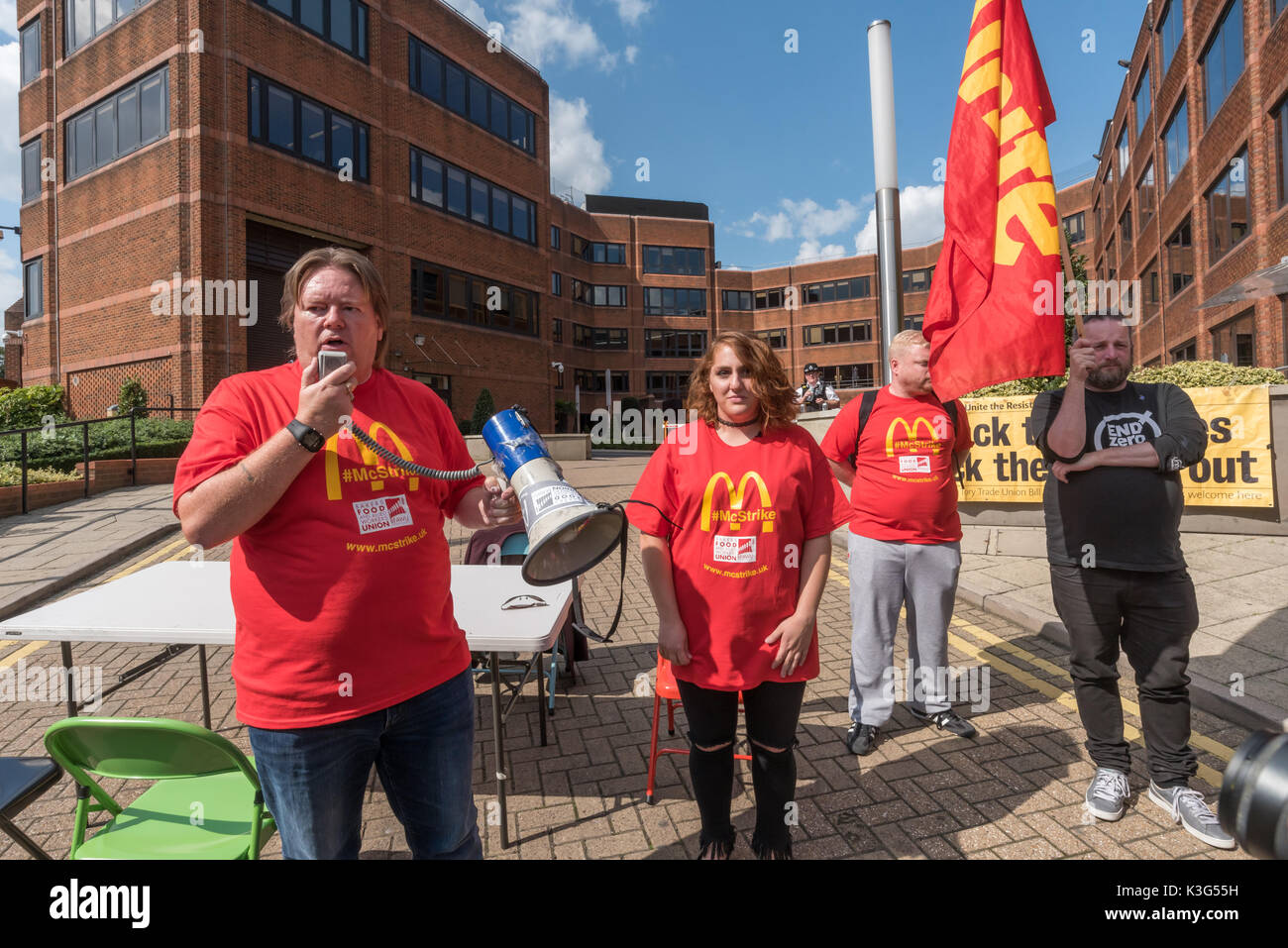 London, UK. 2nd September 2017.  Bakers, Food and Allied Workers Union (BFAWU) President Ian Hodson begins the rally outisde McDonald's London HQ in support of McDonald's workers who are holding the first UK strike against the company on Monday, US Labor Day, calling for an end to zero hours contracts, £10 an hour and union recognition. Credit: Peter Marshall/Alamy Live News Stock Photo