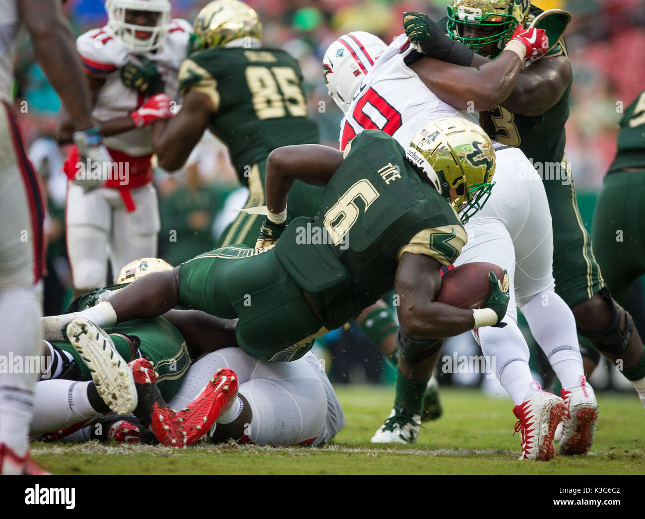 Florida, USA. 2nd Sep, 2017. LOREN ELLIOTT | Times .South Florida Bulls running back Darius Tice (6) rushes for a touchdown during the first half of the home opener for the South Florida Bulls against the Stony Brook Seawolves at Raymond James Stadium in Tampa, Fla., on Saturday, Sept. 2, 2017. Credit: Loren Elliott/Tampa Bay Times/ZUMA Wire/Alamy Live News Stock Photo